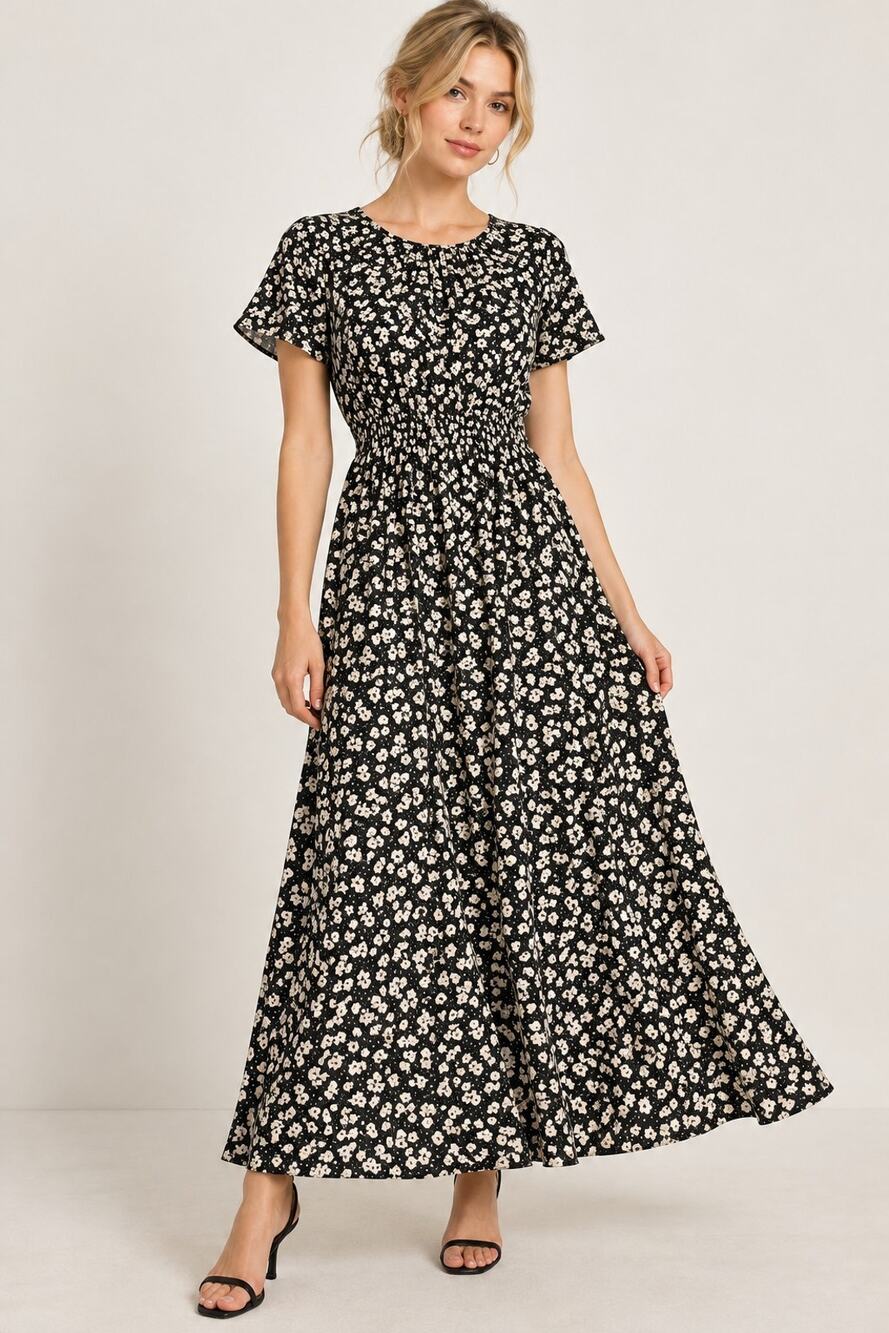 H&M Women XS Black Cream Ditsy Floral Maxi Dress Flutter Sleeve Boho Cottagecore